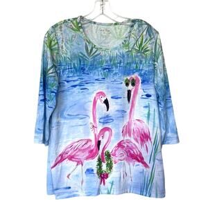 Coral Bay Wms Med Pink Flamingo Watercolor Christmas Lightweight Tunic Tee